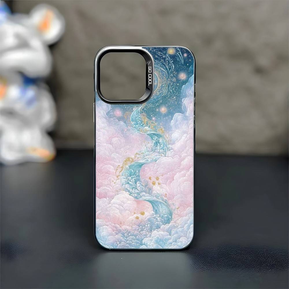 Золотые звезды луна Туманность Розовый Чехол для телефона Для iPhone17,16,15,14,13,12,11 Plus,Pro Max Черный Матовый Ударопрочный Чехол