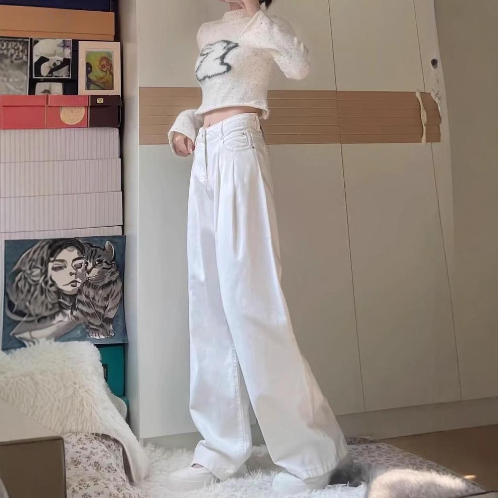 Женские белые джинсы широкие от бедра, весна/лето 2025, плиссированные, премиум-класса, свободные, драпирующиеся брюки полной длины.