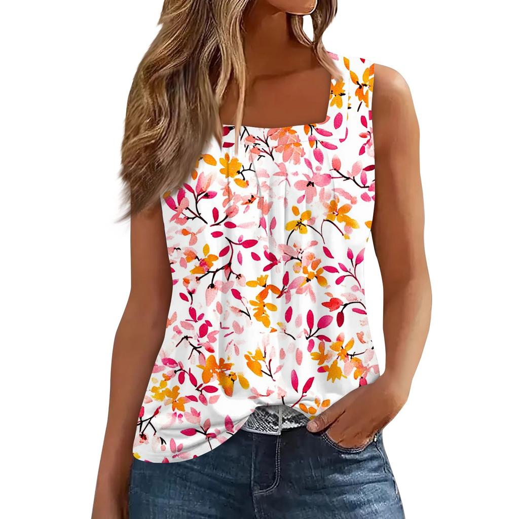 Женская плиссированная футболка без рукавов с квадратным воротником и принтом