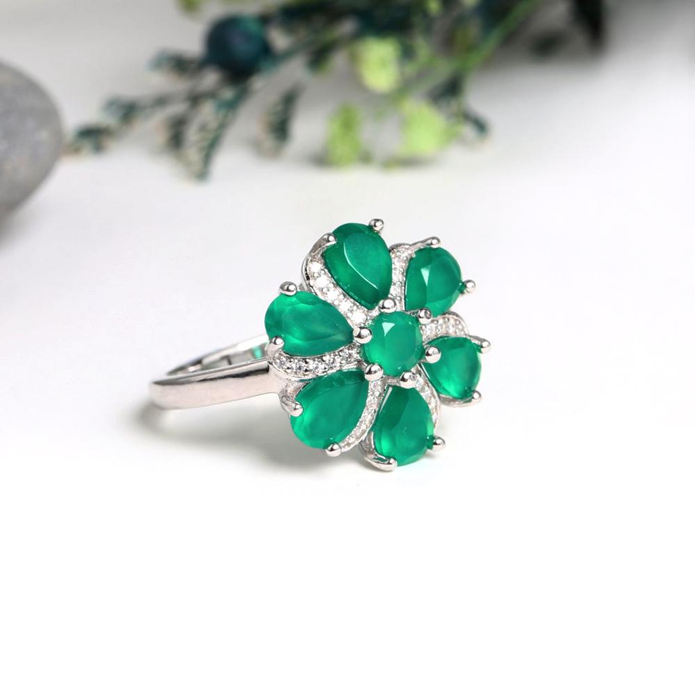 Elegant Natural Green Agate Gemstones Flower Design Ring 925 Sterling Silver Fine Jewelry for Women Valentines Gift
