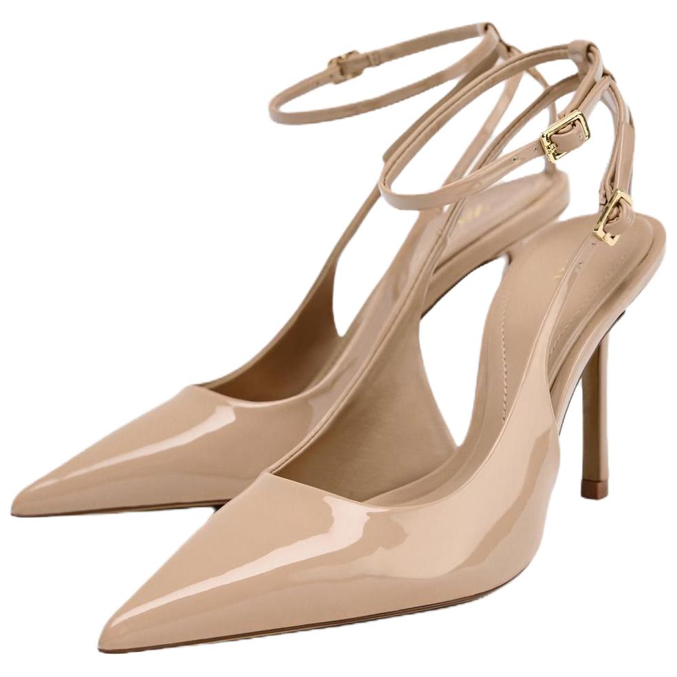 Zara Elegant Patent Leather Effect Open-Back Stiletto Heels 10.5cm Women Heels Beige 2233510