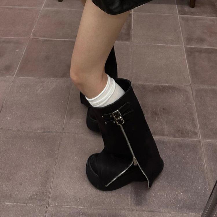 2024 зимние женские байкерские ботинки, модные женские ботинки на платформе с пряжкой на ремне, длинные ботинки-трубы, повседневные женские ботинки до колена на молнии, теплые ботинки