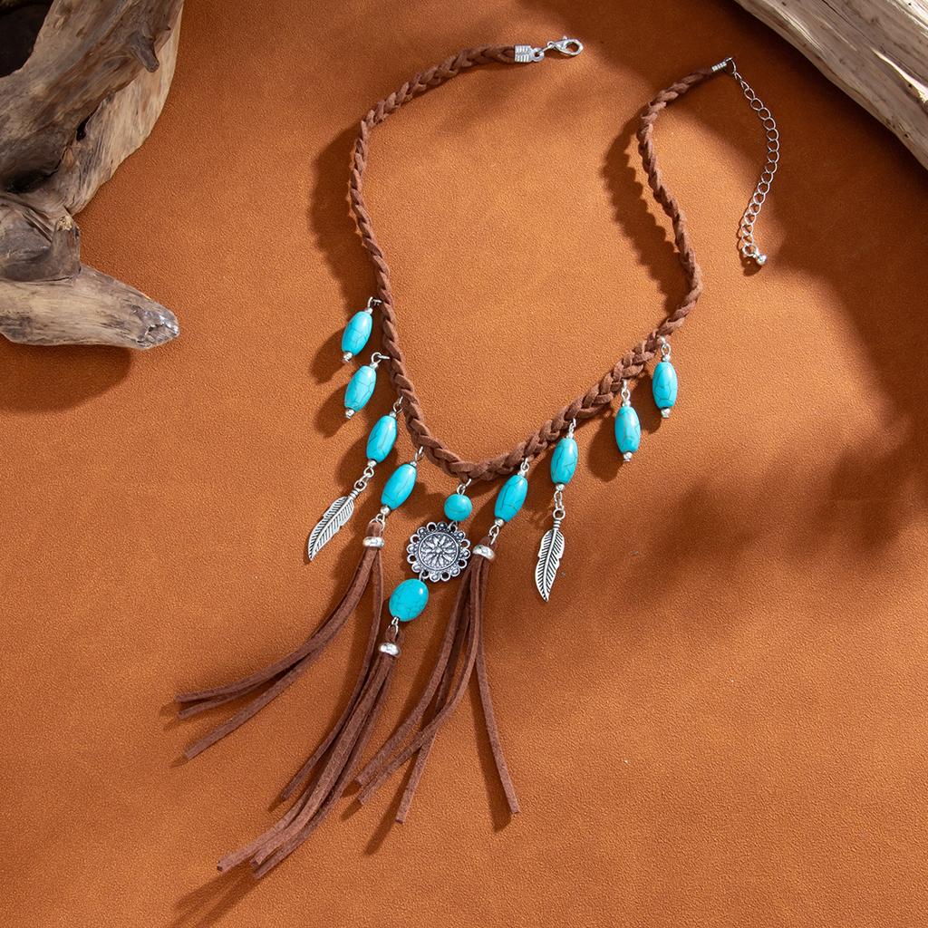 Ethnic Style Women Leaf Choker Woven Rope Leather Tassel Turquoise Stone Pendant Necklace Feather Retro Bohemian Necklaces