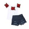 Одежда для маленьких девочек, топы с цветком розы, джинсовые шорты, брюки, комплект одежды