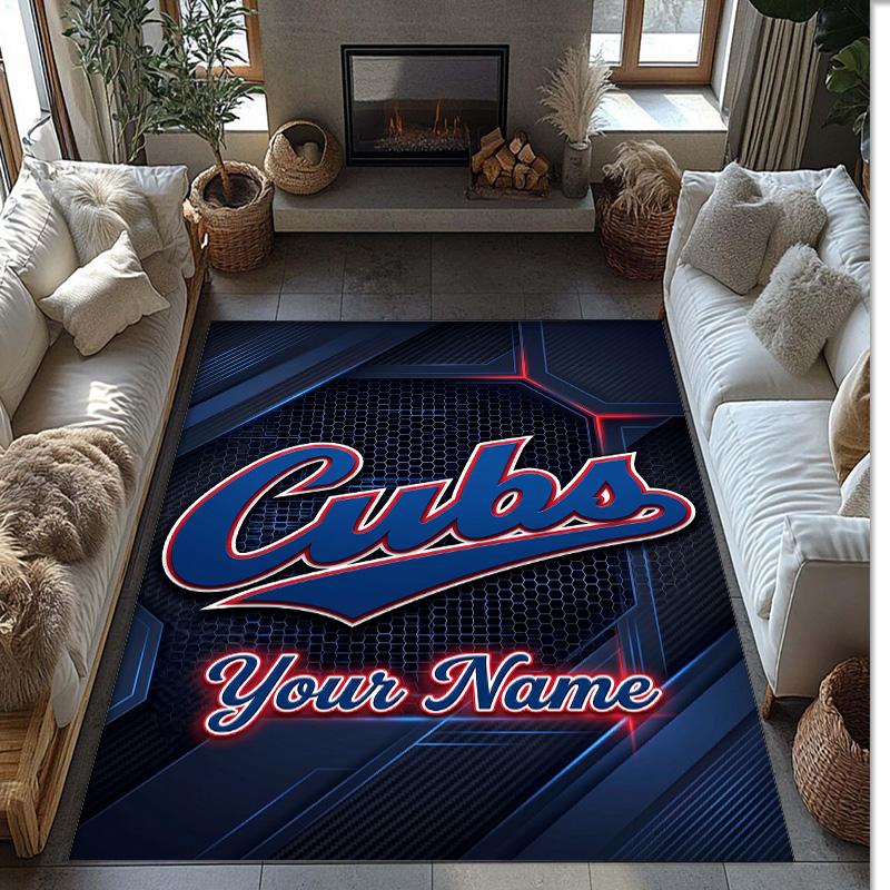 Chicago Cubs Crystal Velvet Rug, Custom Name Text Personalized Non‑Slip Floor Mat for Home Decor Gift
