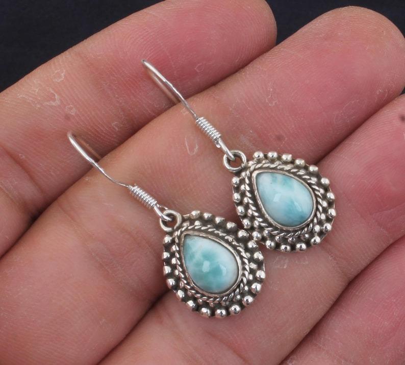 Solid 925 Sterling Silver Natural Larimar Earring Bohemian Earring Women Gift Earring Silver Jewelry