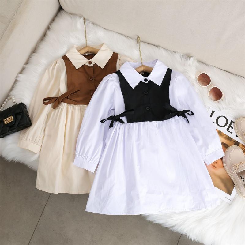 Girls Dress Spring and Autumn Baby Girl Bow Splice Dresses Fashion School Student Uniform Skirt