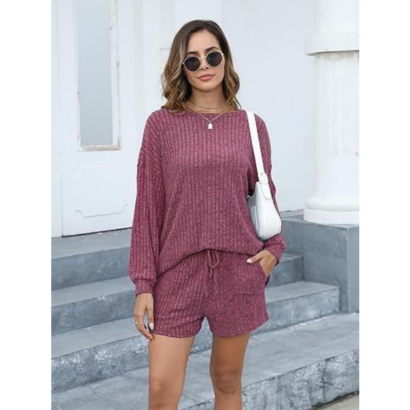 YYFS Женская мода повседневная весна осень однотонный принт длинный рукав О-образный вырез брюки брюки костюмы