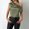 Women's Short Sleeve Shirt Loose Satin Top Embossed Lace V-neck Silk Lined Top