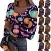 Женская мода Slim Bottom Casual Длинный рукав Printed Pullover U Neck Top