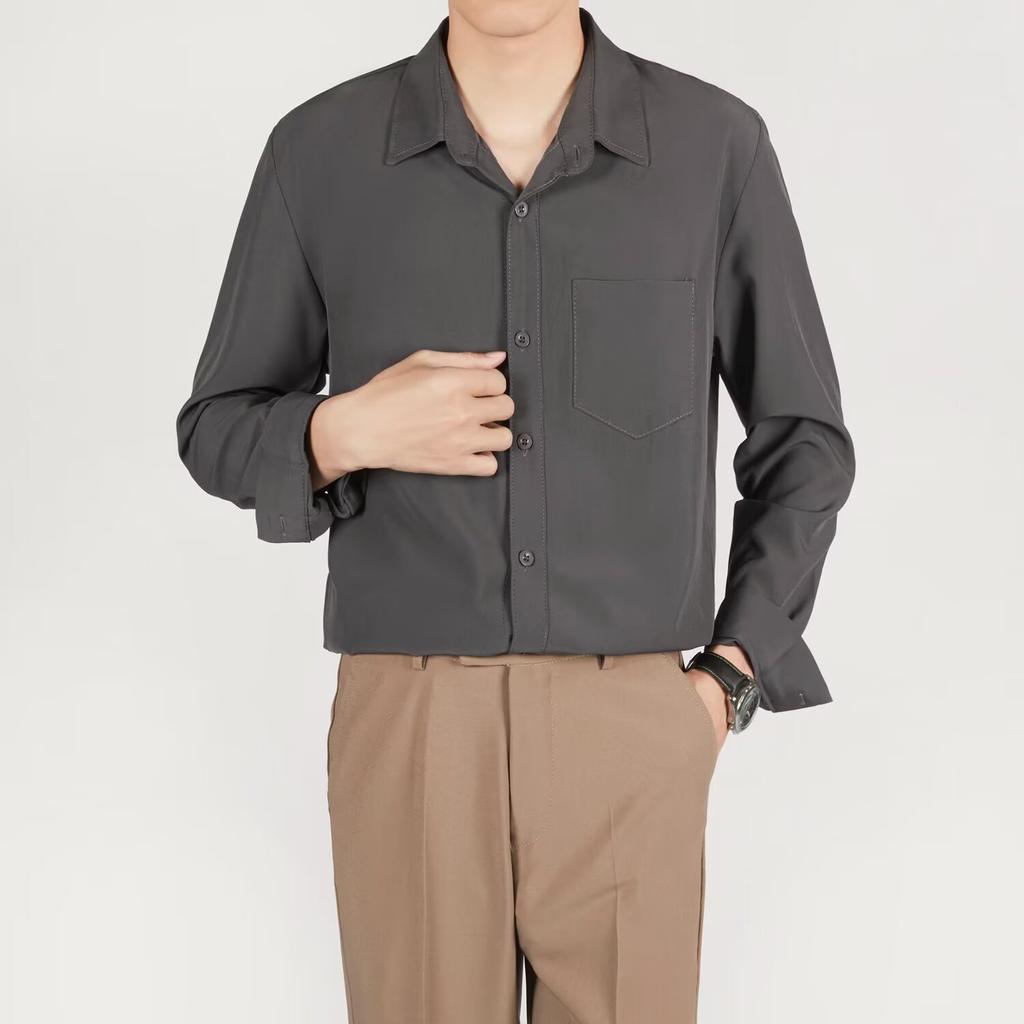 High End Casual Solid Color Long Sleeved Shirt No Ironing Loose Hanging Feeling Shirt Men's Handsome Top