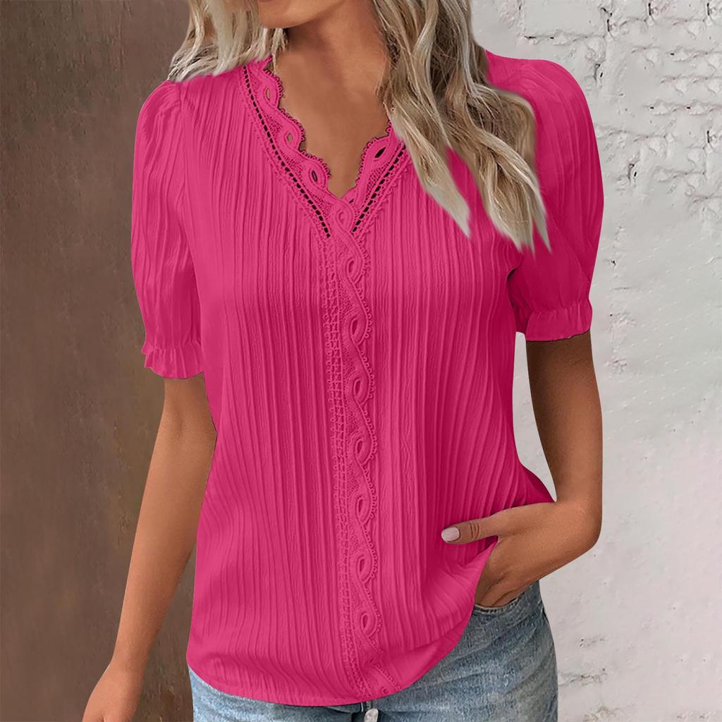 Summer Women's V-neck Lace Print Irregular Ruffle Light Casual Street Style Solid Color T-shirt Tops