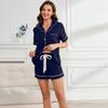 Women’s Sleeping Suits Rayon Short Sleeves Pajamas Button Up Piped Shirt and Shorts 2 Pieces Set Summer Home Night Sleep Casual Lounge Wear