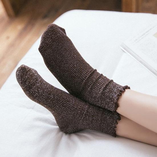 Fashion Women Solid Color Glitter Ribbed Breathable Cotton Middle Tube Socks