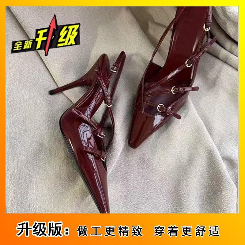 Женские туфли на высоком каблуке из лакированной кожи, бордовые туфли-лодочки на шпильке, 2025, темперамент интернет-знаменитости, с неглубоким вырезом, пустые, с сумкой на носке, босоножки