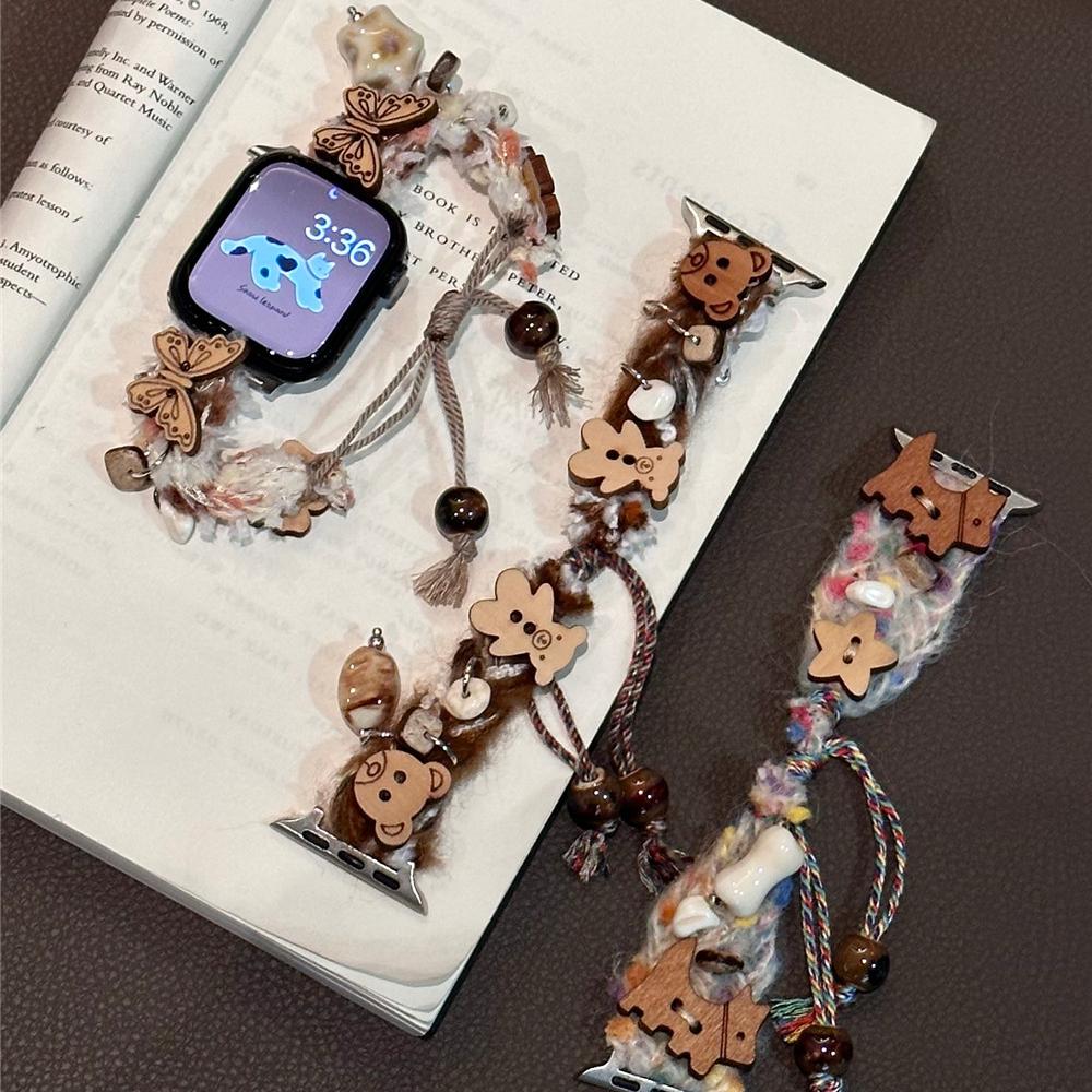 Милый плюшевый деревянный ремешок для Apple Watch Series 9, 8, 7, 6, 5, 4, 3 2se, ремешок для часов IWatch Ultra 2, 49 мм, 45, 41 мм, 40, 44 мм, браслет