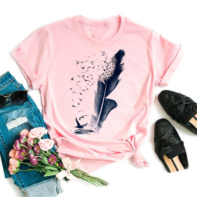 Модная женская футболка с забавным принтом бабочки и пера, футболка, летние топы с коротким рукавом, футболка, женские футболки с перьями