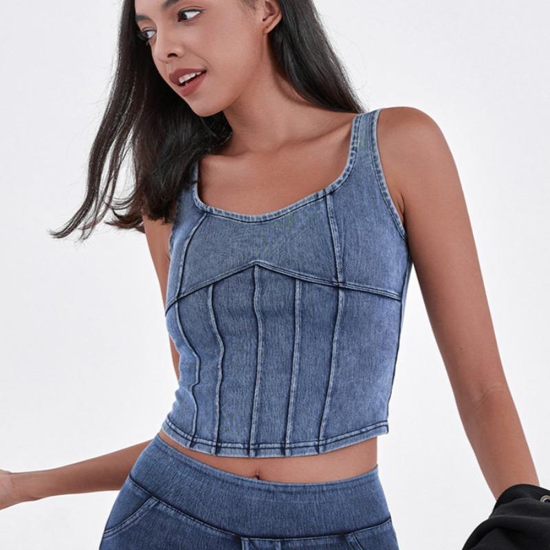 Spring and Summer Women's New Denim Stretch with Chest Pad Sports Wear Fitness Yoga Camisole
