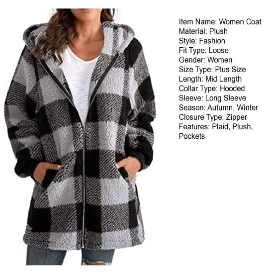 Женское пальто, клетчатая молния с капюшоном, свободные карманы, куртка-кардиган, осень-зима, толстое плюшевое пальто, уличная одежда