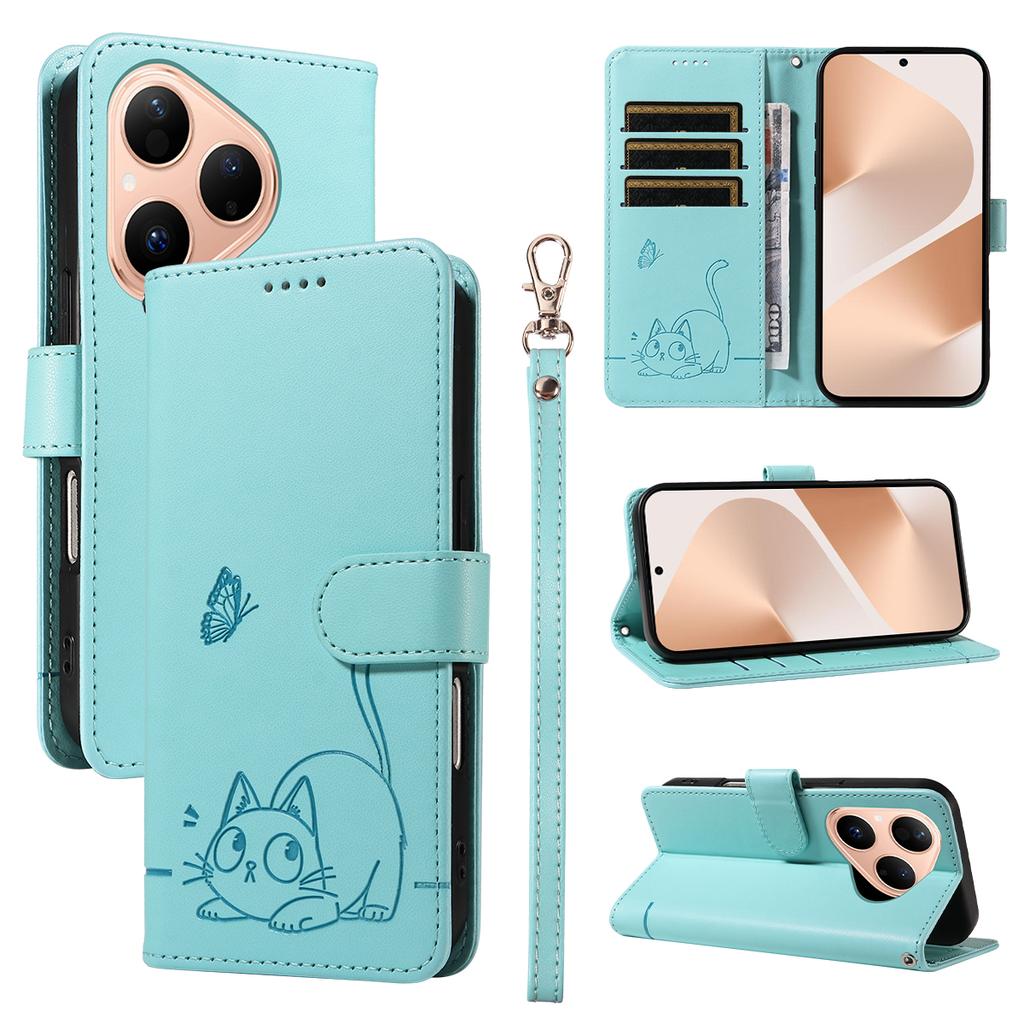 For Huawei Pura 80 Case Cat Pattern Imprint Leather Phone Cover with Wrist Strap