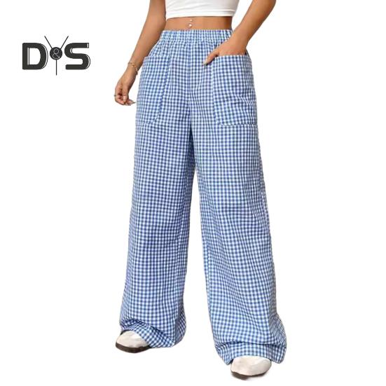 Женские брюки с эластичной талией, средней посадкой, широкие длинные брюки с карманами, клетчатый принт, удобные повседневные брюки