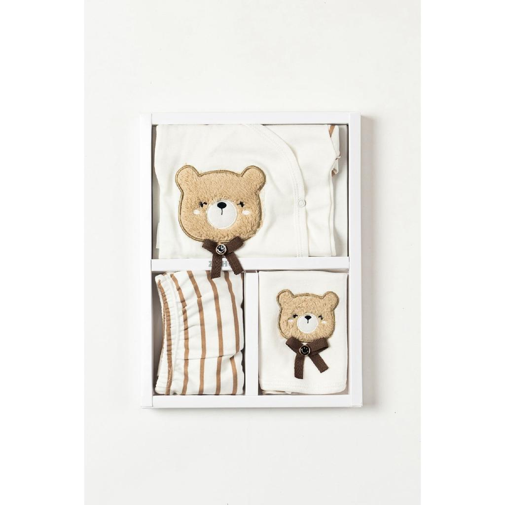 (boxed) Suzene With Teddy Bear Embroidered 100% Cotton Newborn Clothes 5-piece Hospital Bodysuit Set