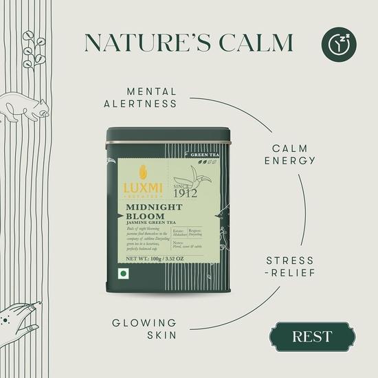 Luxmi Estates Midnight Bloom Jasmine Green Tea – 100g Loose Leaf| Antioxidant-Rich Darjeeling Green Tea | For Energy With No Jitters | 50 Cups