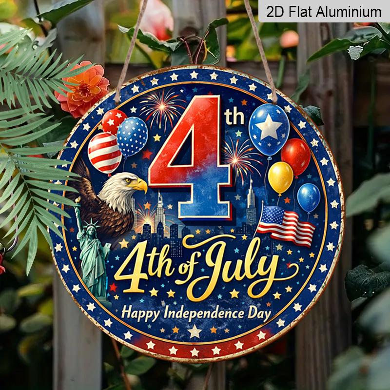 2D Flat, 1pc Round 4th of July Aluminum Hanging Sign, Patriotic Bald Eagle Statue of Liberty Balloon Firework Design, Retro Distressed Patriotic Wall