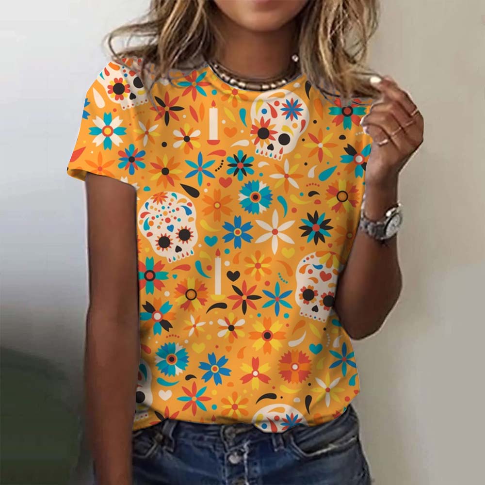 Summer Round Neck 3D Colorful Skull Pattern Print Top Fashionable Casual Short Sleeved Women's T-shirts