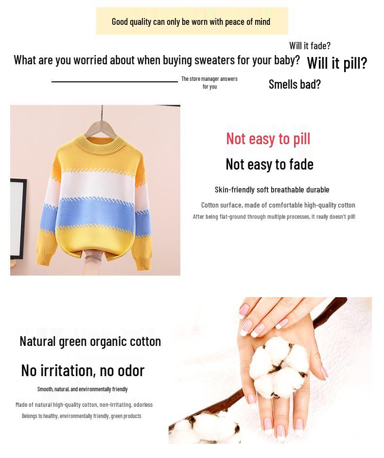 Детский вязаный свитер с круглым вырезом - Чистый хлопок, на флисовой подкладке для осени/зимы