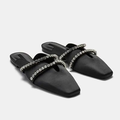 Модные сандалии, женская обувь, женские тапочки с полуприцепом на плоской подошве и квадратной головкой с бриллиантами