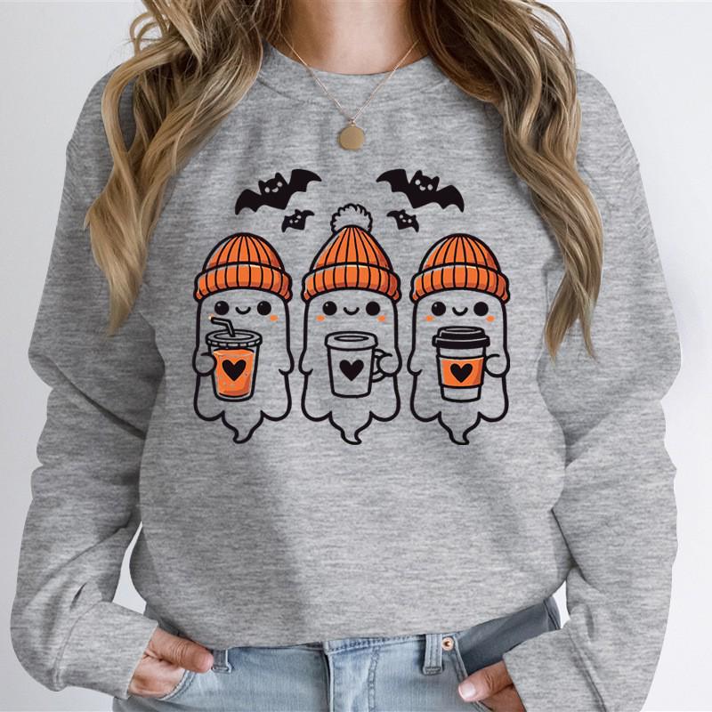 Halloween Ghost Coffee Print Round Neck Hoodie - Comfortable & Stylish Fit