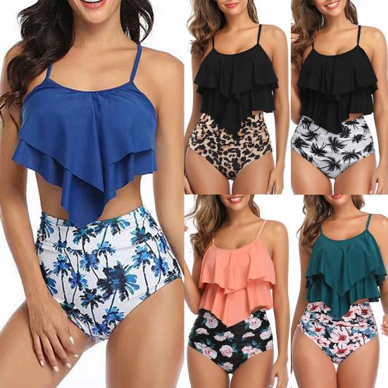 2 шт./компл. разделенное бикини с принтом кокосовой пальмы и оборками, состоящее из двух частей на тонких бретельках для купания