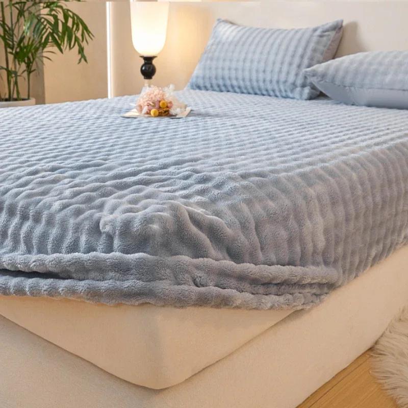 Зимняя постель, теплая простыня на резинке, постельное белье, чехол для матраса, утолщенная плюшевая эластичная простыня, зимнее коралловое флисовое роскошное покрывало для двуспальной кровати