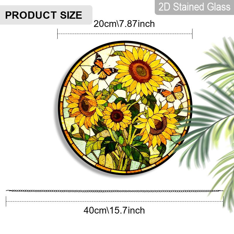 2D Flat Stained Glass Sunflower Window Decoration, 7.87inches Yellow Colored Glass Plate with Chain, Charming Spring Summer Home Decor, Unique