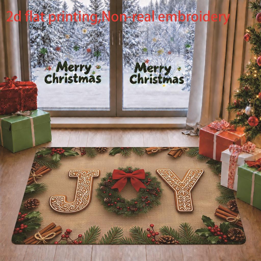 1pc, 2D Flat Printing, Christmas JOY Theme Holiday Living Room Entrance Mat, Non-Slip Machine Washable Easy to Clean Polyester Carpet, Suitable for Ho