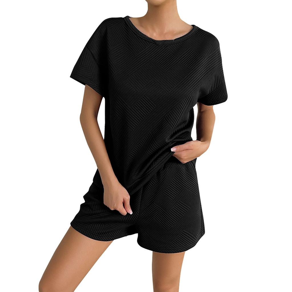 Женские летние однотонные топы и шорты с круглым вырезом, повседневный комплект из двух предметов