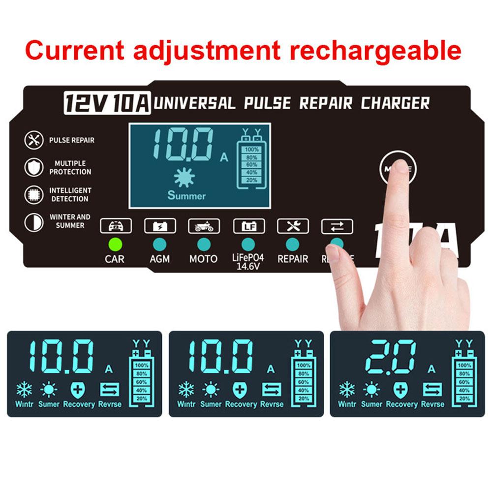 Интеллектуальное зарядное устройство для автомобильного аккумулятора 14,6 В 10 А, зарядное устройство для литиевых и железных аккумуляторов, импульсный ремонт, вилка ЕС/США, бесшумный вентилятор, цифровой ЖК-дисплей 12 В 10 А