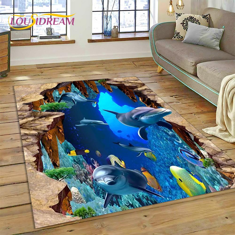 3D иллюзия подводного мира, морское дно, акула, дельфин, мультяшный ковер для декора гостиной, спальни, нескользящий коврик для дивана, детский коврик