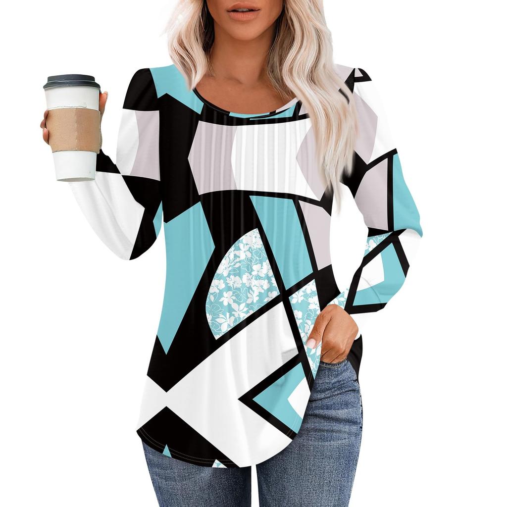 Рубашки с длинным рукавом для женщин, топы, нарядные повседневные блузки, плиссированные топы-туники с круглым вырезом