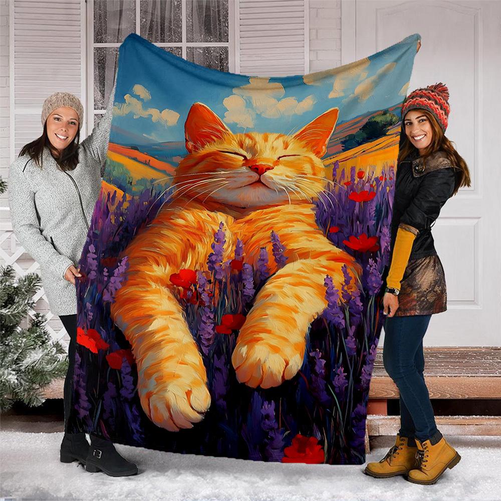 1pc Lavender Field Cat Print Outdoor Soft Polyester Flannel Throw Blanket Versatile for All Seasons , Soft , Cozy , Warm All Season Quilted Throw ,