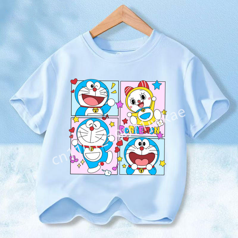 Doraemon Colorful T-shirt Printed Short-sleeved Outdoor Simple Comfortable Pullover Tops Summer Clothes Casuals Round Neck Shirt