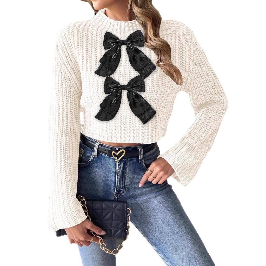 Short Crop Top Sweater with Bow Tie and Flared Sleeves, Semi-high Neck Pullover Sweater for Women