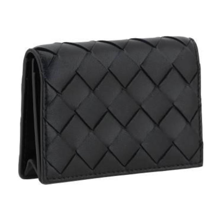 Bottega Veneta Intrecciato Woven Design Snap Closure Lambskin Card Holder Women Card Holder Black 814091VCPP38425
