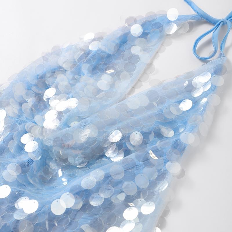 Euphoria Sequin Backless Party Dress Women Chic Sleeveless Lace Up Blue Female Evening Dresses 2024 Lady Bodycon Robe