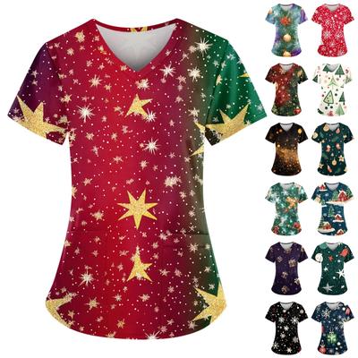 Женский свободный облегающий топ с принтом рождественского снеговика и V-образным вырезом, короткими рукавами и карманами