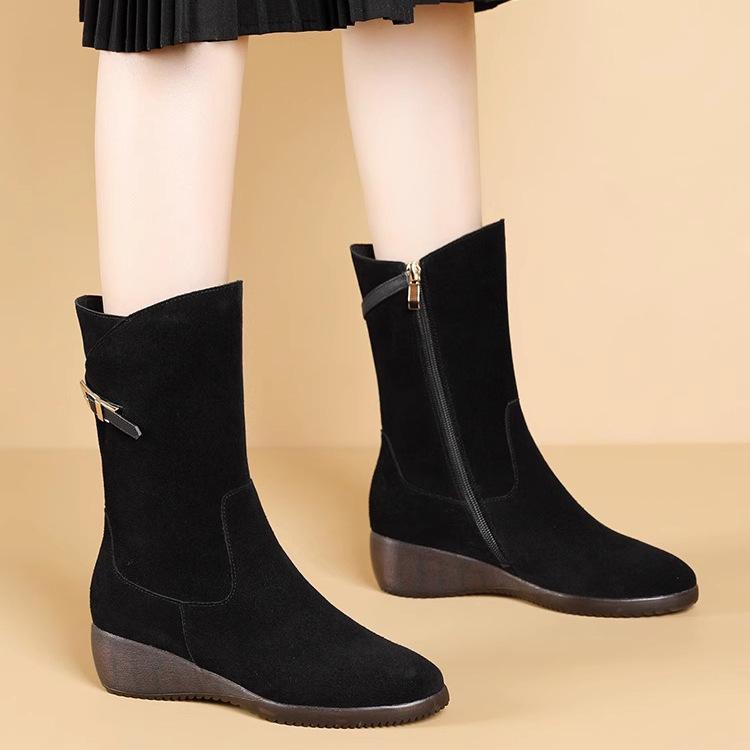 Средние сапоги Осенние и зимние меховые сапоги Удобные мягкие женские сапоги на танкетке