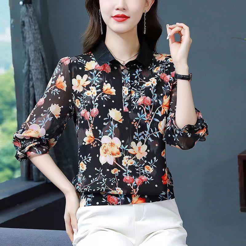 Women's Spring and Autumn Thin Section Plus Size Lapel Printed Chiffon Shirt Loose Thin Nine Minute Sleeve Floral Pullover Shirt