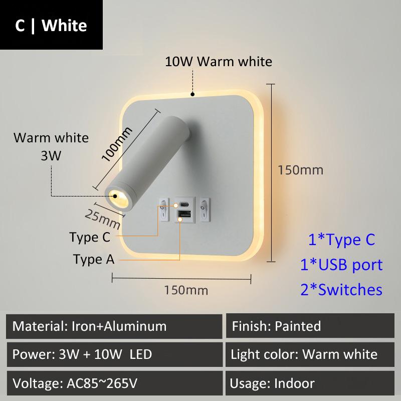 Creative Base Switches Small Wall Lamp With USB Type-C Charging Port Living Room Bedroom Bedside Rotatable Reading Light 10W+3W