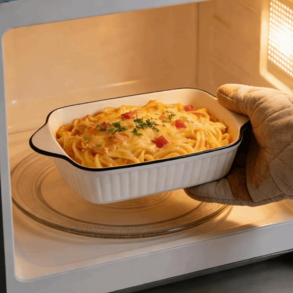 2 Piece Rectangular Double Handle Ceramic Baking Tray Strip Pattern Cheese Risotto Baking Dish Oven